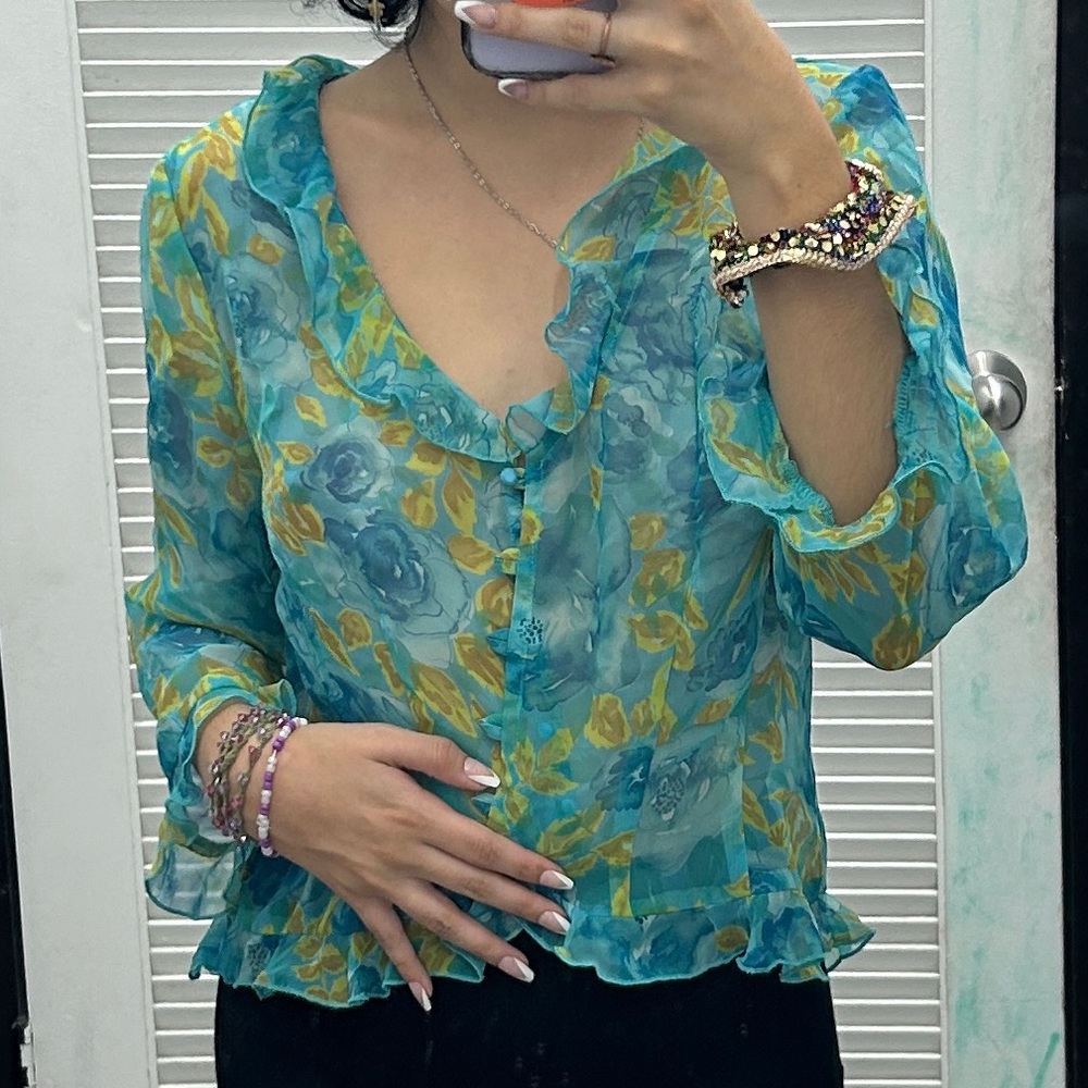 Semi sheer blue and green button up blouse with collar